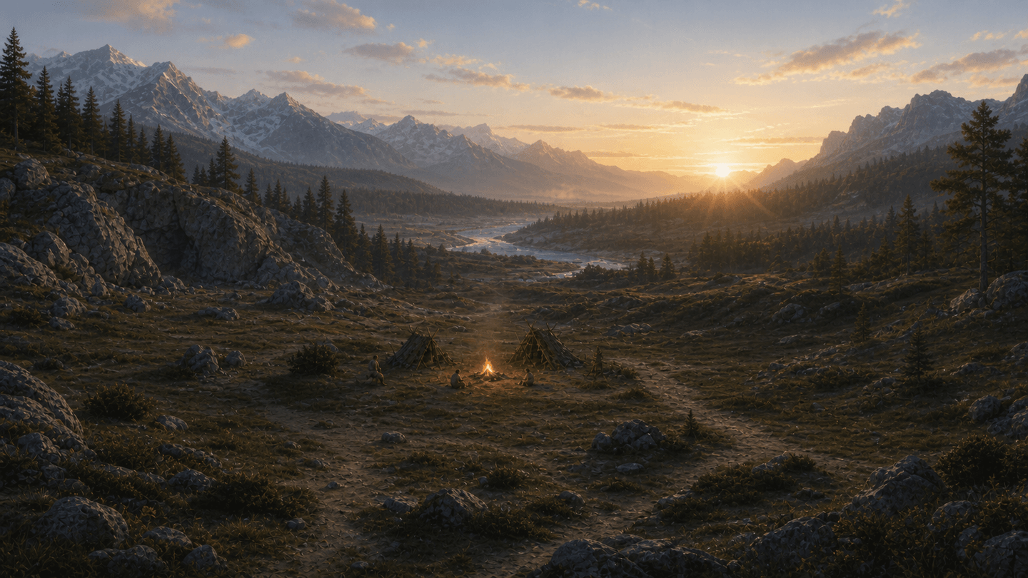 Illustration du premier campement dans une vallée boisée